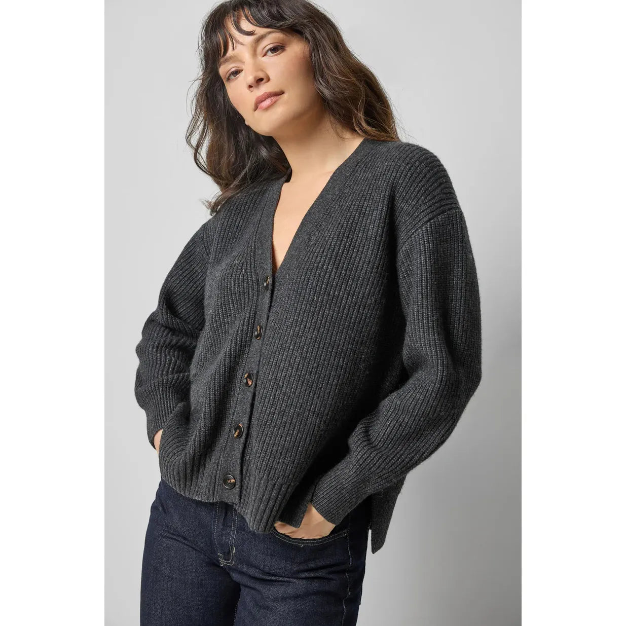 Lilla P Relaxed Side Vent Cardigan in Caviar