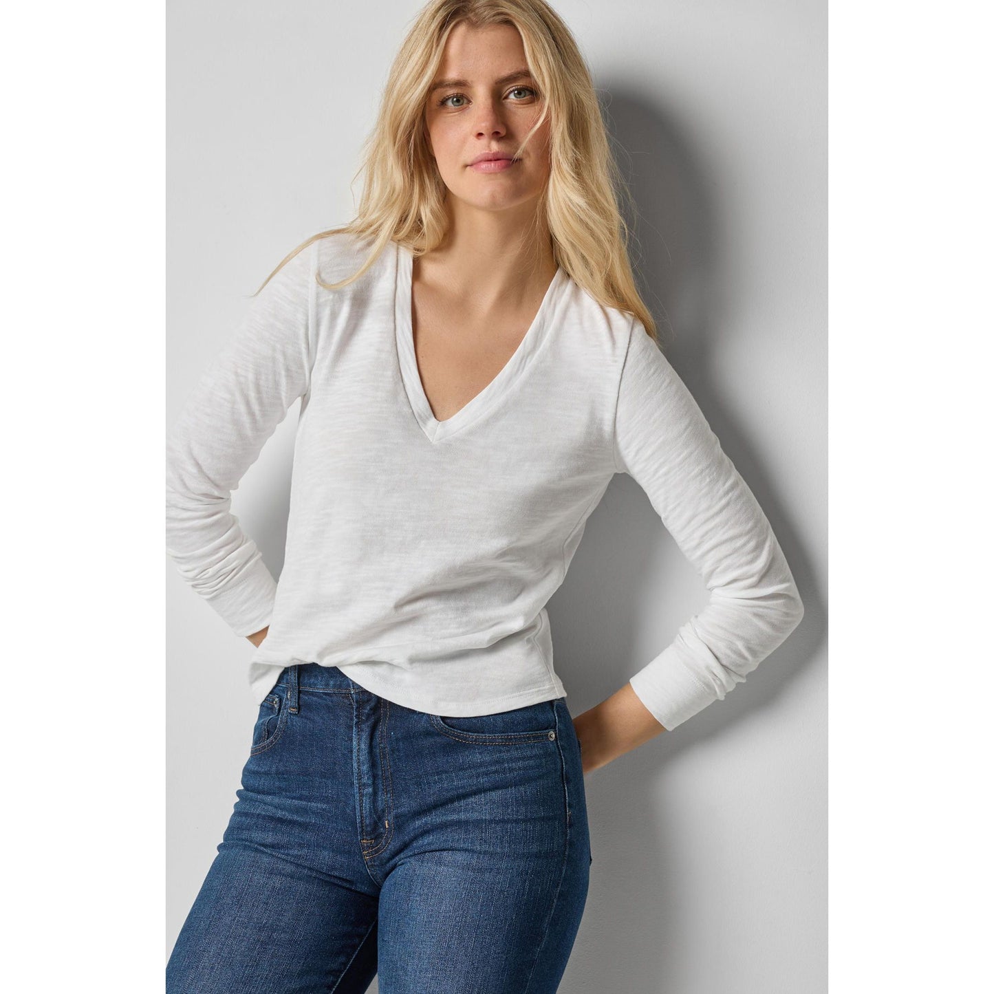 Lilla P Long Sleeve V Neck in White