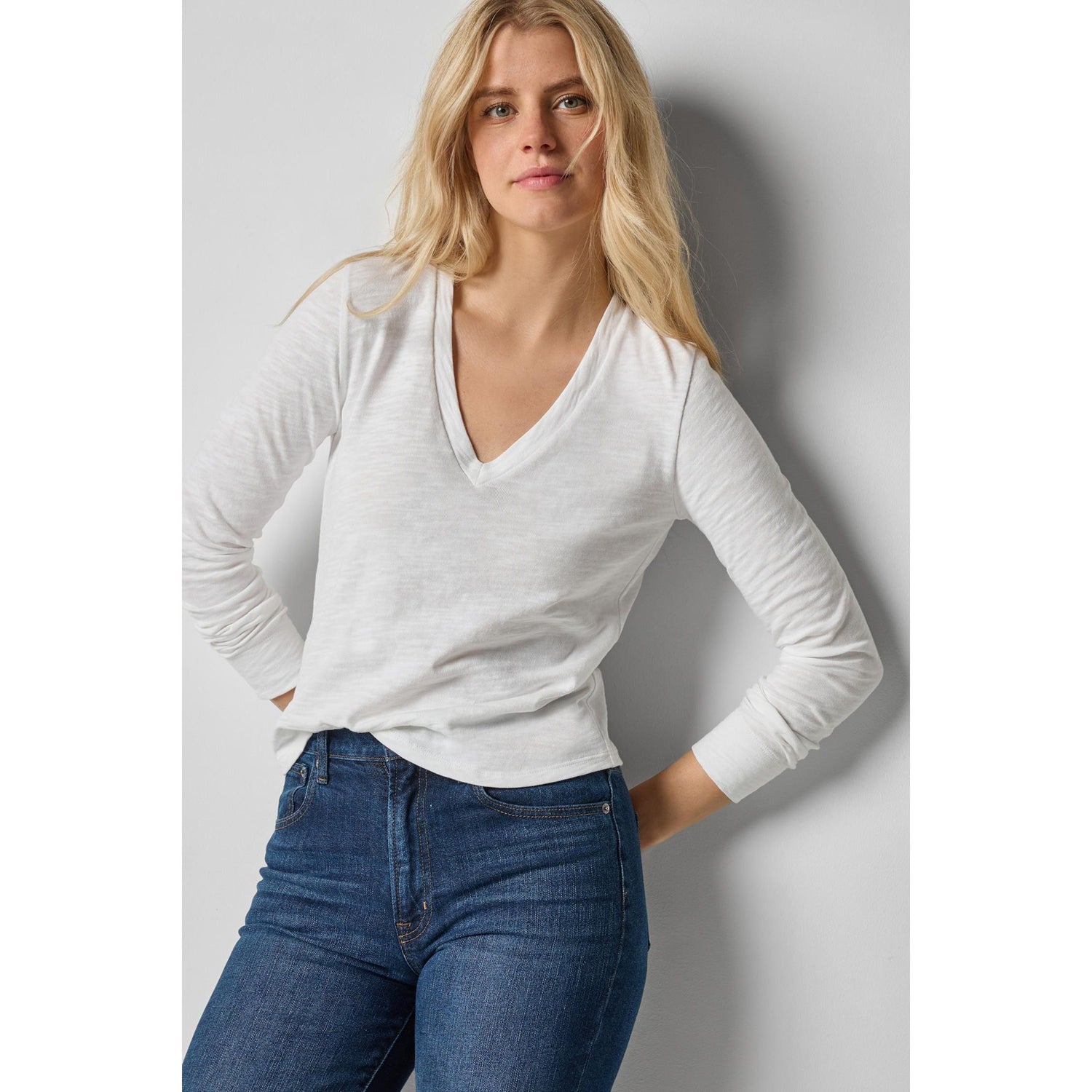 Lilla P Long Sleeve V Neck in White
