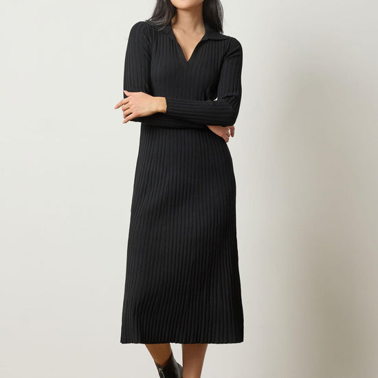 Lilla P Long Sleeve Rib Henley Dress in Black PA3243