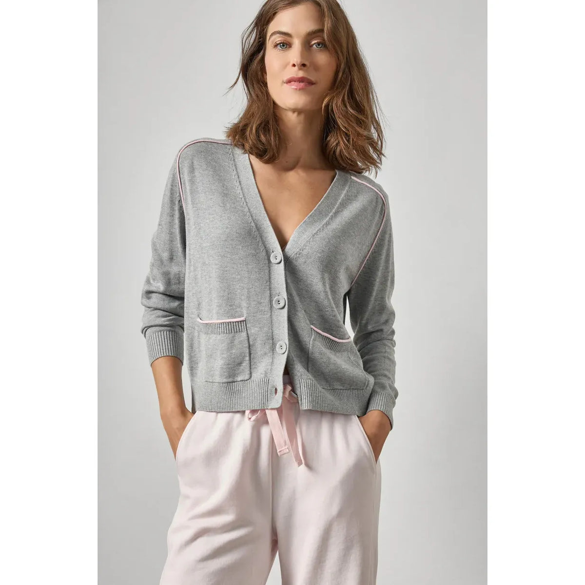 Lilla P Saddle Sleeve V-Neck Cardigan in Heather Grey