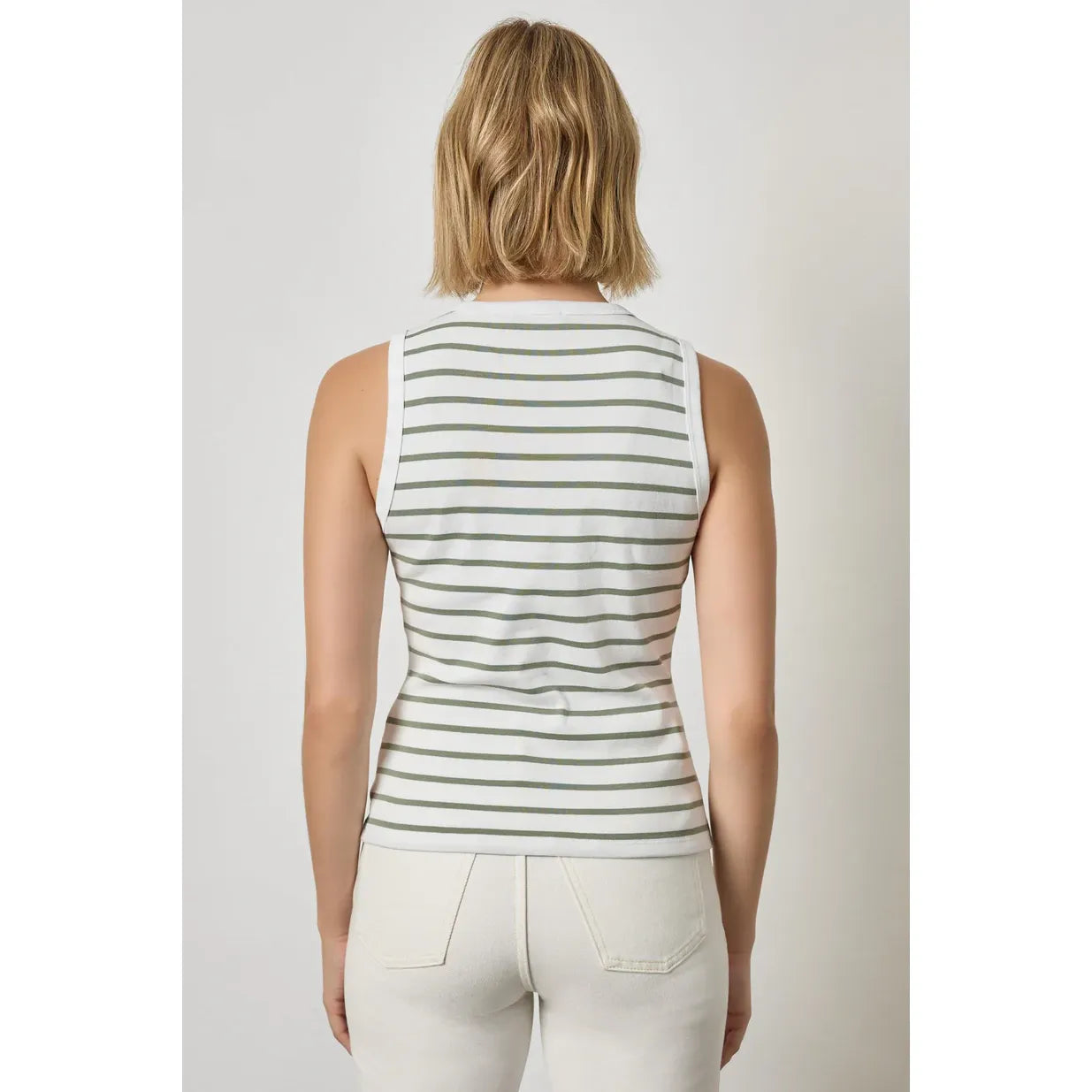 Lilla P Rib Stripe High Neck Tank in Sage Stripe