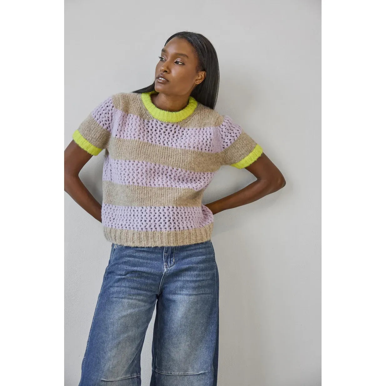 Lilla P Short Sleeve Stripe Sweater in Lily/Husk Stripe