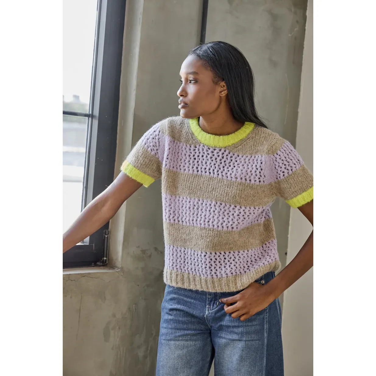 Lilla P Short Sleeve Stripe Sweater in Lily/Husk Stripe