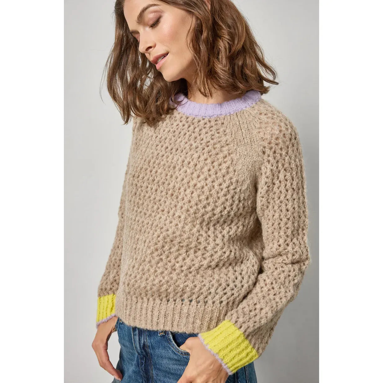 Lilla P Contrast Trim Crewneck Sweater in Husk Combo