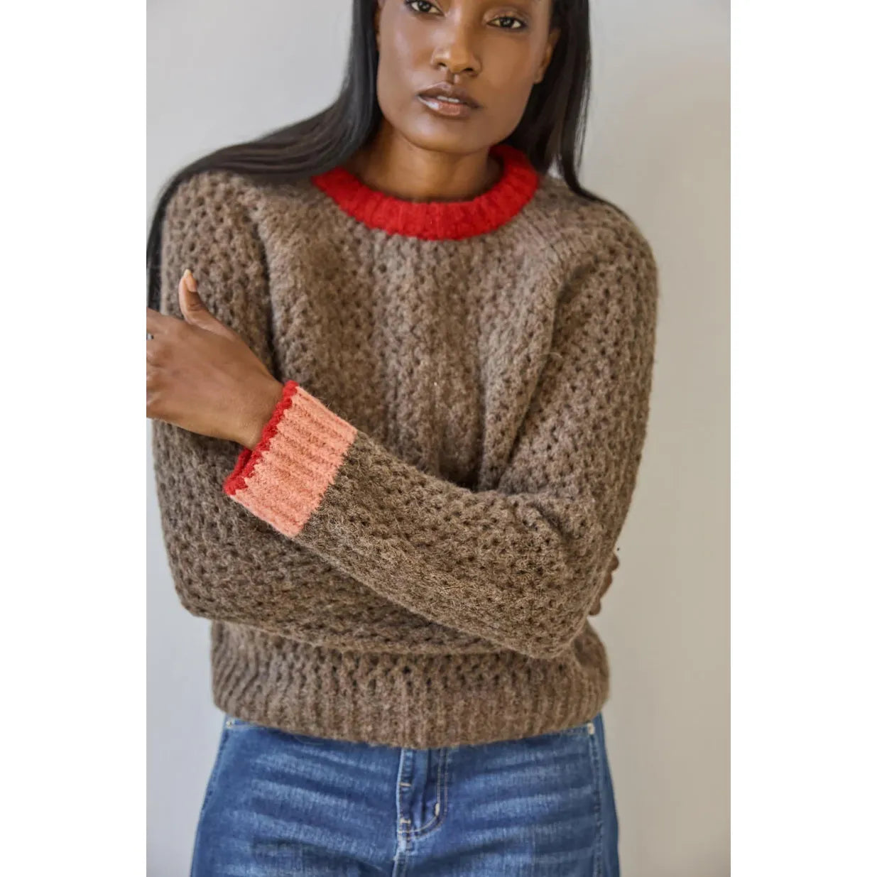 Lilla P Contrast Trim Crewneck Sweater in Java Combo