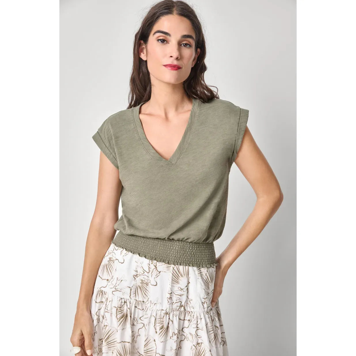 Lilla P Smocked Hem V-Neck in Fern