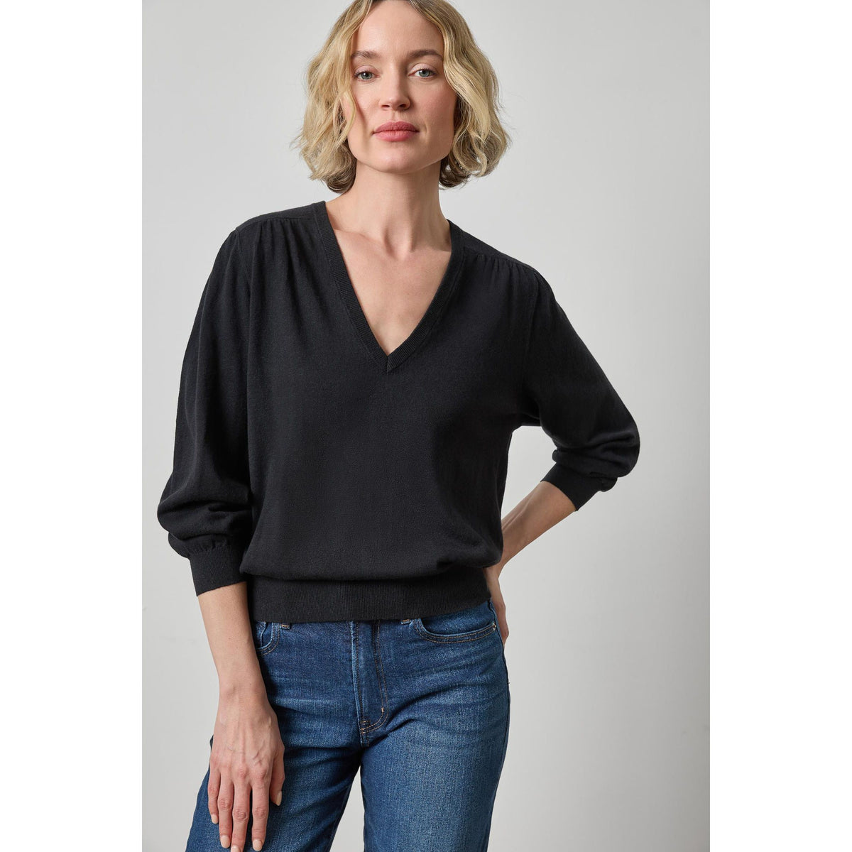 Lilla P V Neck Blouson Sweater in Black PA3490