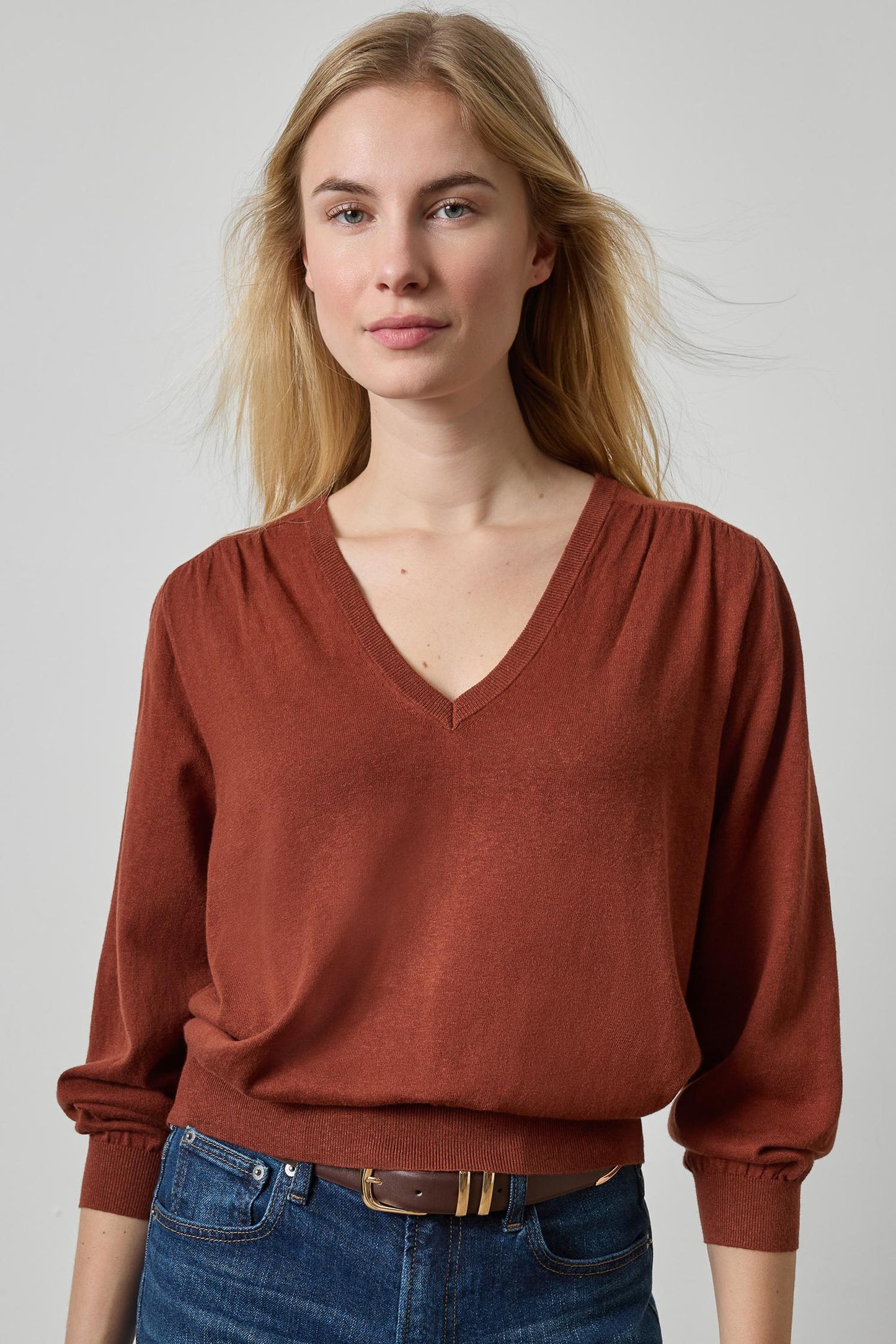 Lilla P V Neck Blouson Sweater in Maplewood PA3490