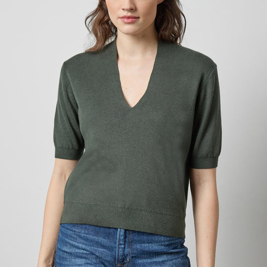 Lilla P V Neck Elbow Sleeve Sweater in Balsam PA3496