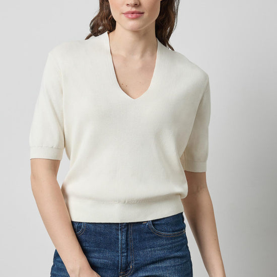 Lilla P V Neck Elbow Sleeve Sweater in Balsam PA3496