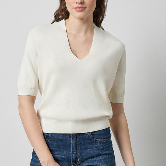 Lilla P V Neck Elbow Sleeve Sweater in Ivory PA3496