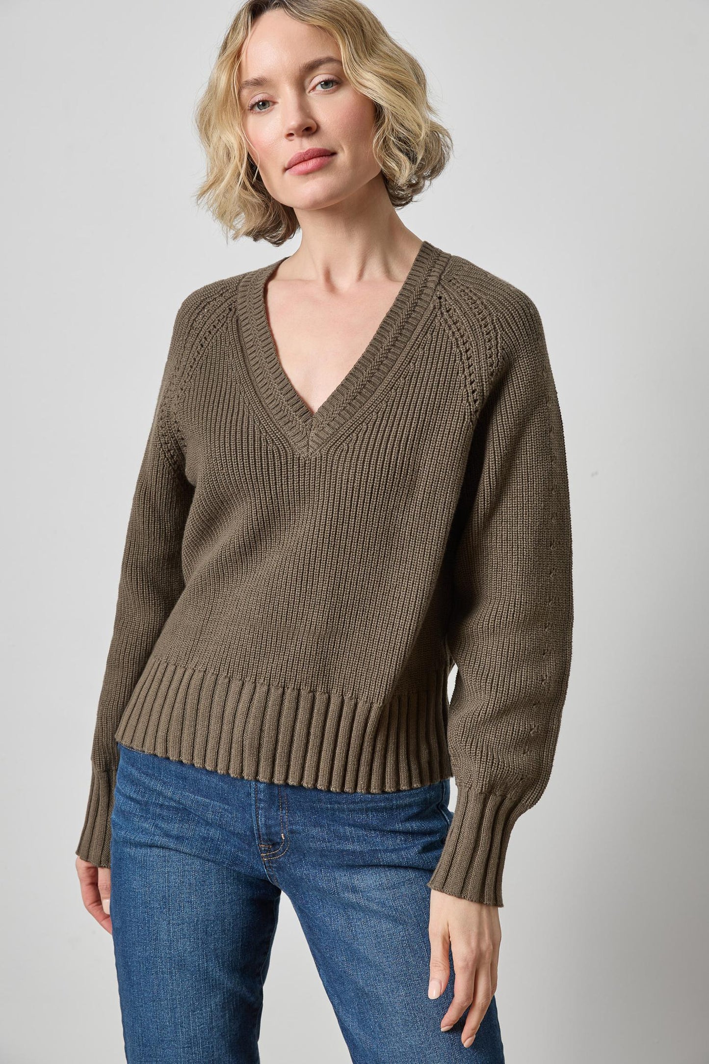 Lilla P Textured V Neck Saddle Sweater in Olive PA3501