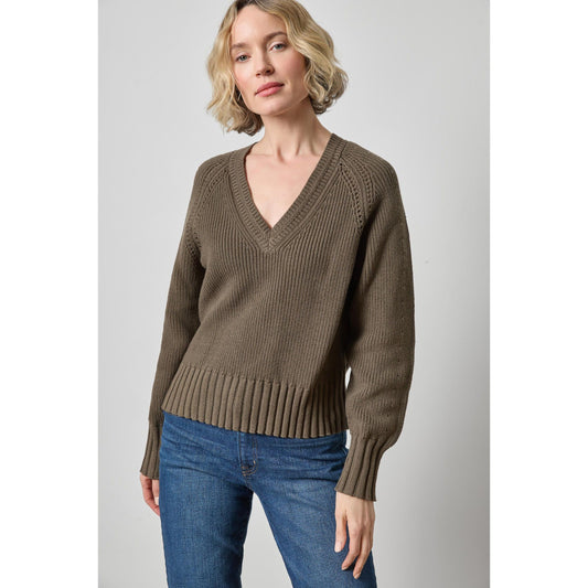 Lilla P Textured V Neck Saddle Sweater in Olive PA3501