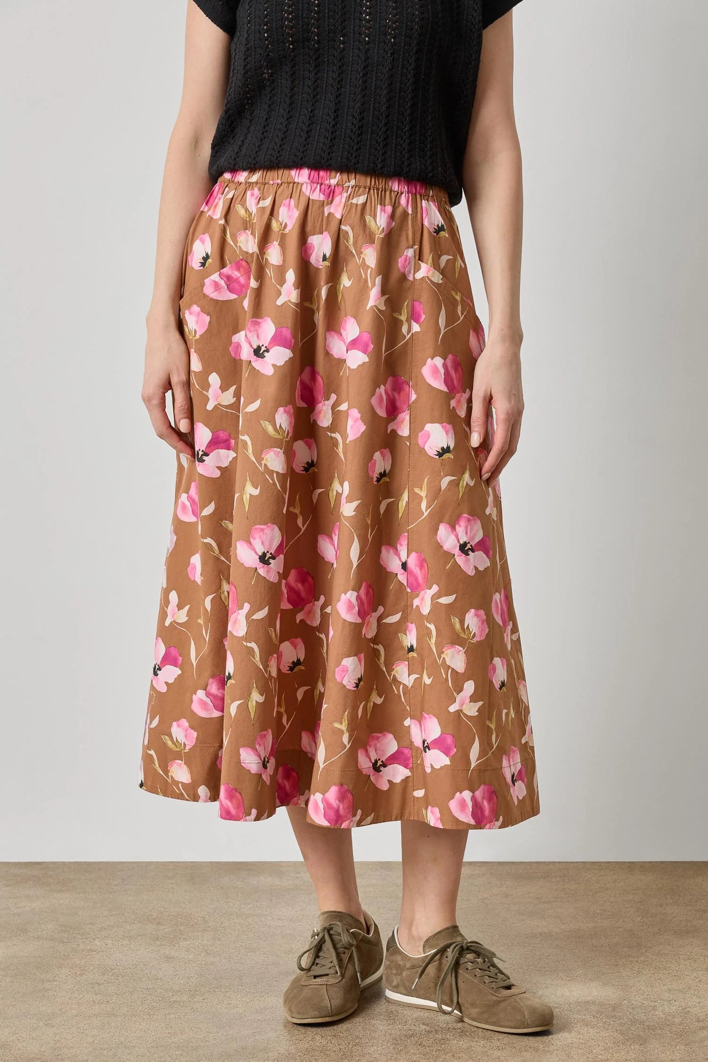 Lilla P Elastic Waist Paneled Skirt in Pink Poppy Print PA3506