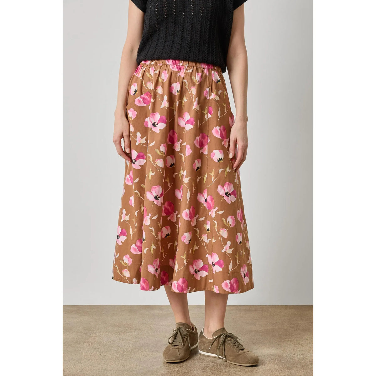 Lilla P Elastic Waist Paneled Skirt in Pink Poppy Print PA3506