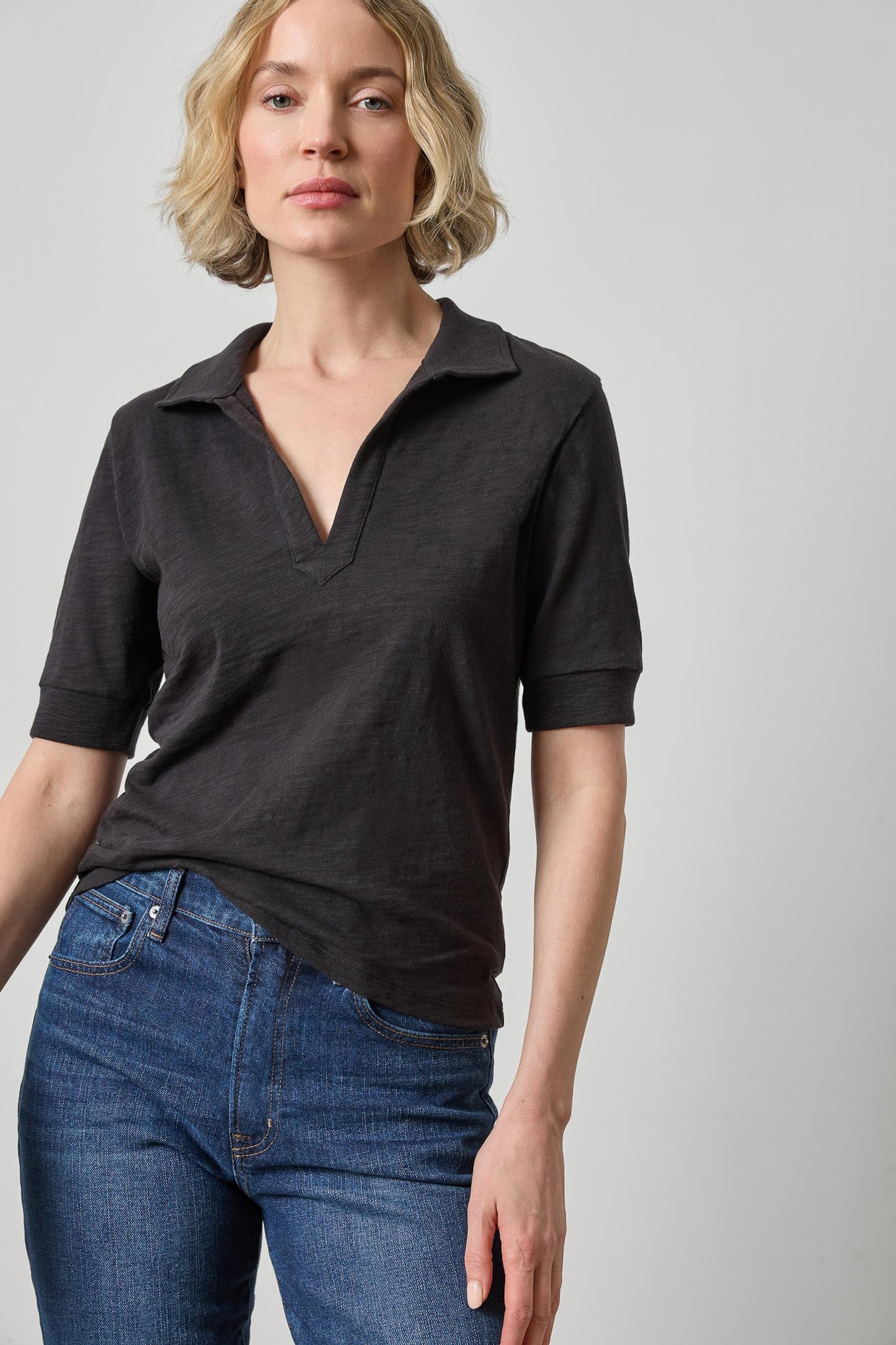 Lilla P Elbow Sleeve Collared Split Neck in Black PA3515