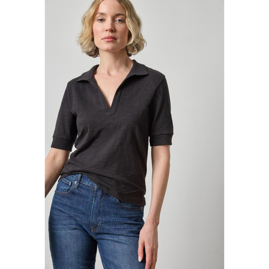 Lilla P Elbow Sleeve Collared Split Neck in Black PA3515
