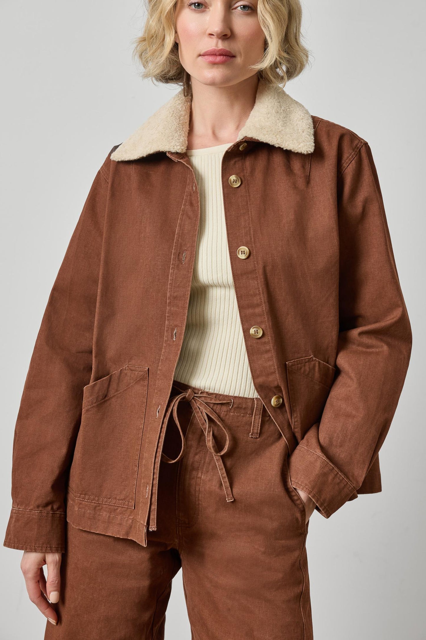 Lilla P Washed Twill Pleat Back Jacket in Chestnut PA3546