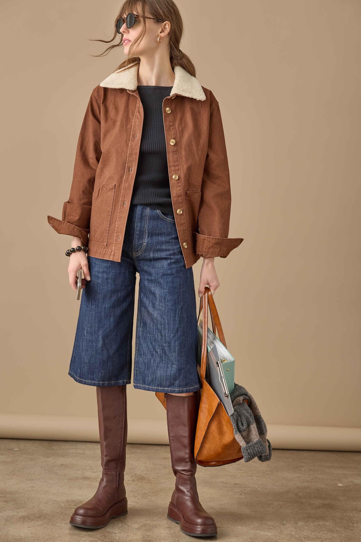 Lilla P Washed Twill Pleat Back Jacket in Chestnut PA3546