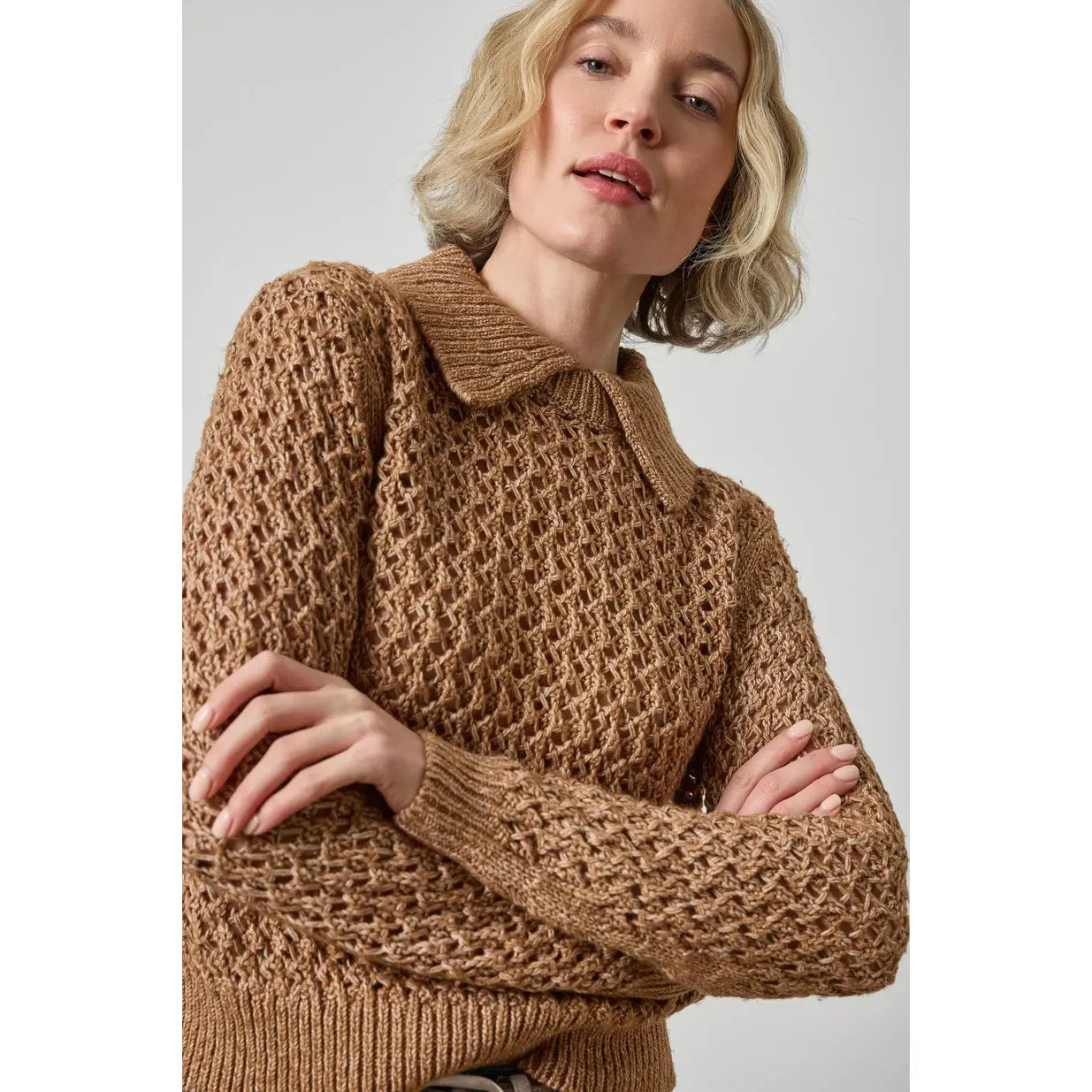Lilla P Textured Polo Sweater in Hazelnut PA3589