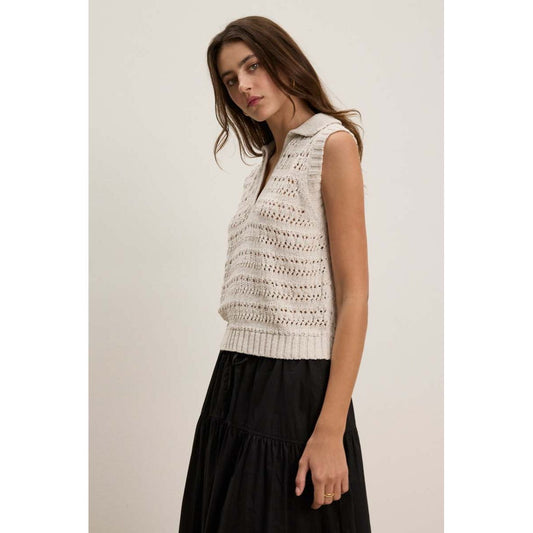 Velvet by Graham & Spencer Renee Cotton Crochet Polo Sweater in Chalk