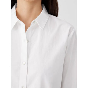 Eileen Fisher Washed Organic Cotton Poplin Classic Collar Long Shirt in White