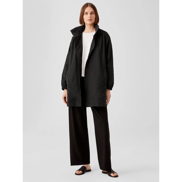 Eileen Fisher Light Cotton Nylon Stand Collar Long Coat in Black