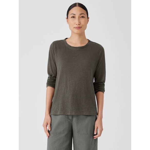 Eileen Fisher Organic Linen Jersey Crew Neck Top in Grove