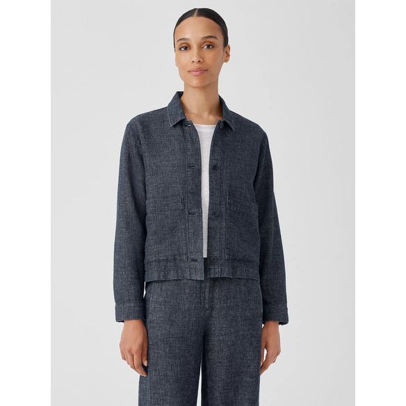 Eileen Fisher Tweedy Hemp Cotton Classic Collar Jacket in Denim