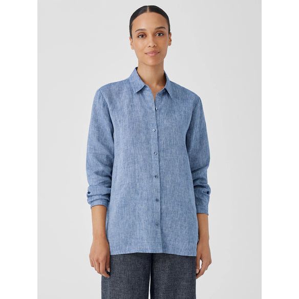 Eileen Fisher Yarn-Dyed Handkerchief Organic Linen Shirt in Chambray