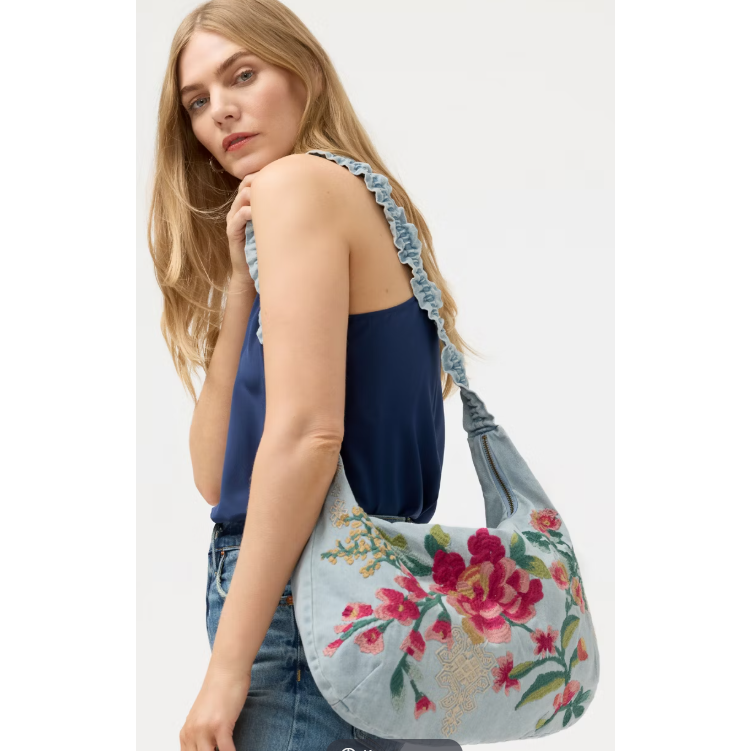 Johnny Was Ruched Strap Crossbody Bag in Denim Blue