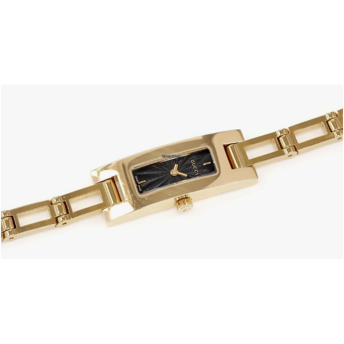 Gucci 3900L Ladies 12mm Black Guilloche Dial Gold Bracelet Watch Rectangular