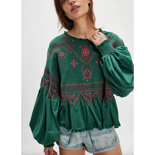 Free People Holly Knit Top Green Combo