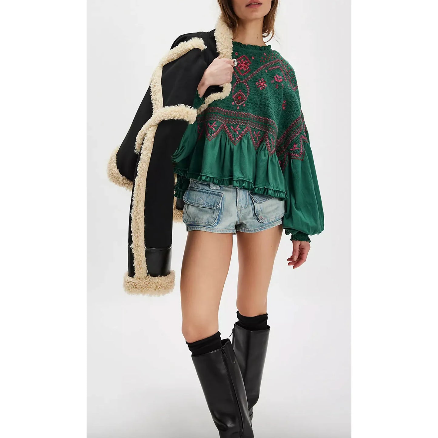 Free People Holly Knit Top Green Combo