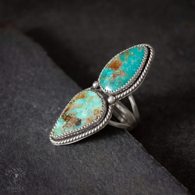 Crooked Thistle #8 Mine and Blue Diamond Nevada Turquoise Ring Size 6.5