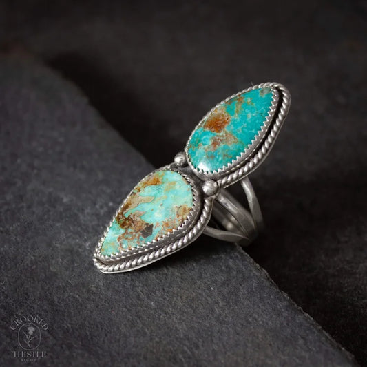 Crooked Thistle #8 Mine and Blue Diamond Nevada Turquoise Ring Size 6.5
