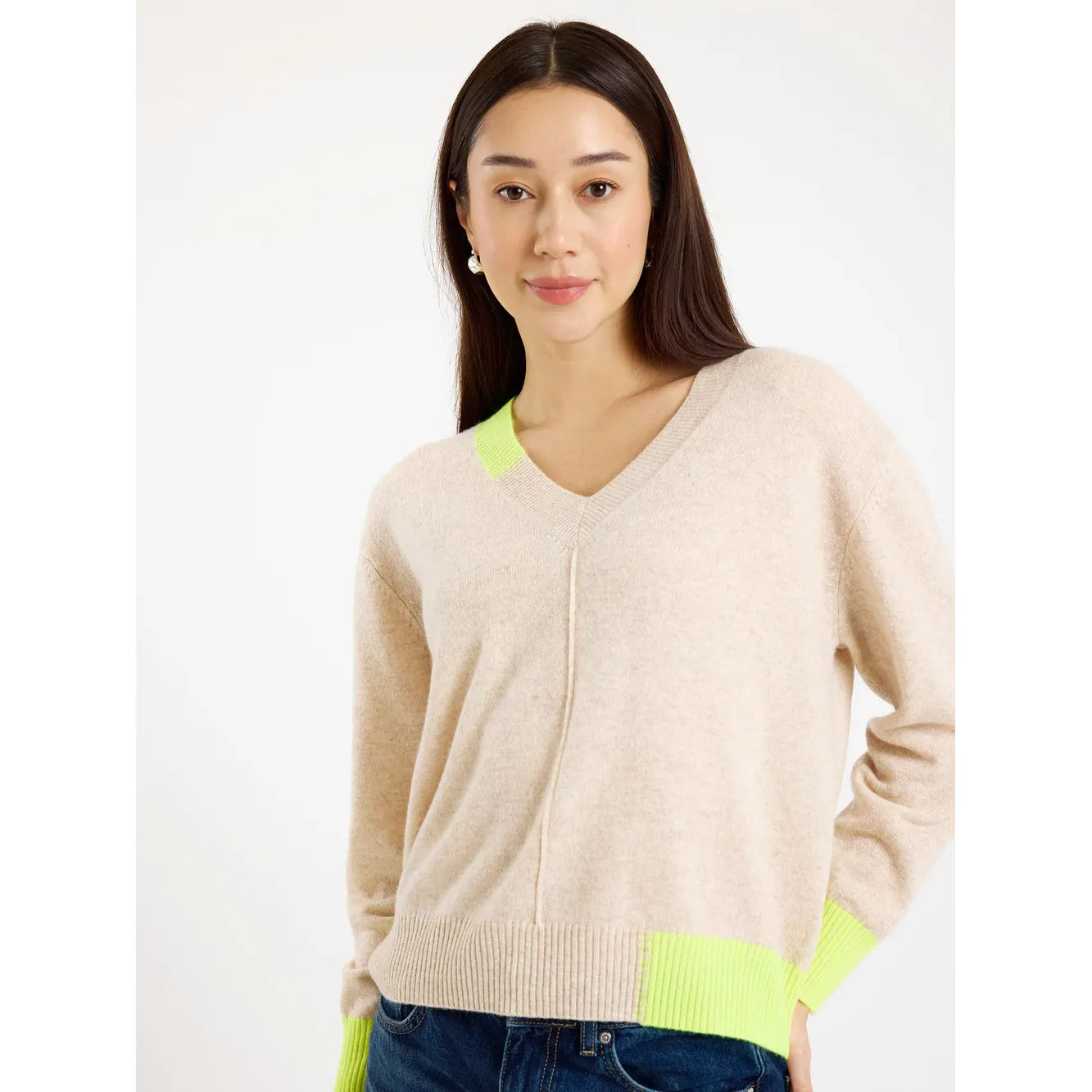 Brodie 100% Cashmere Colour Pop Maria V Neck Jumper in Cygnet