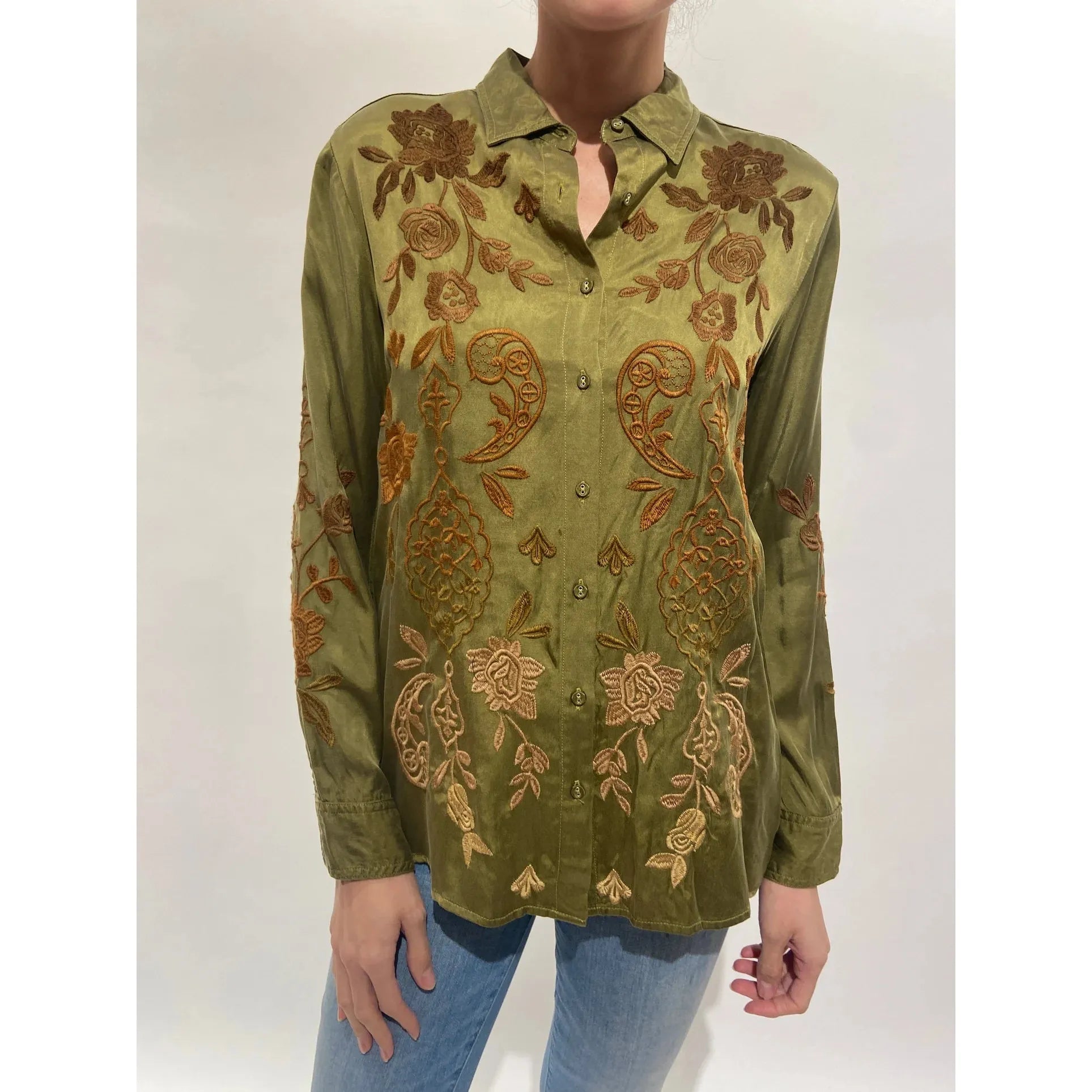 Johnny Was Kiana Ribbon Detail Shirt in Olive Green