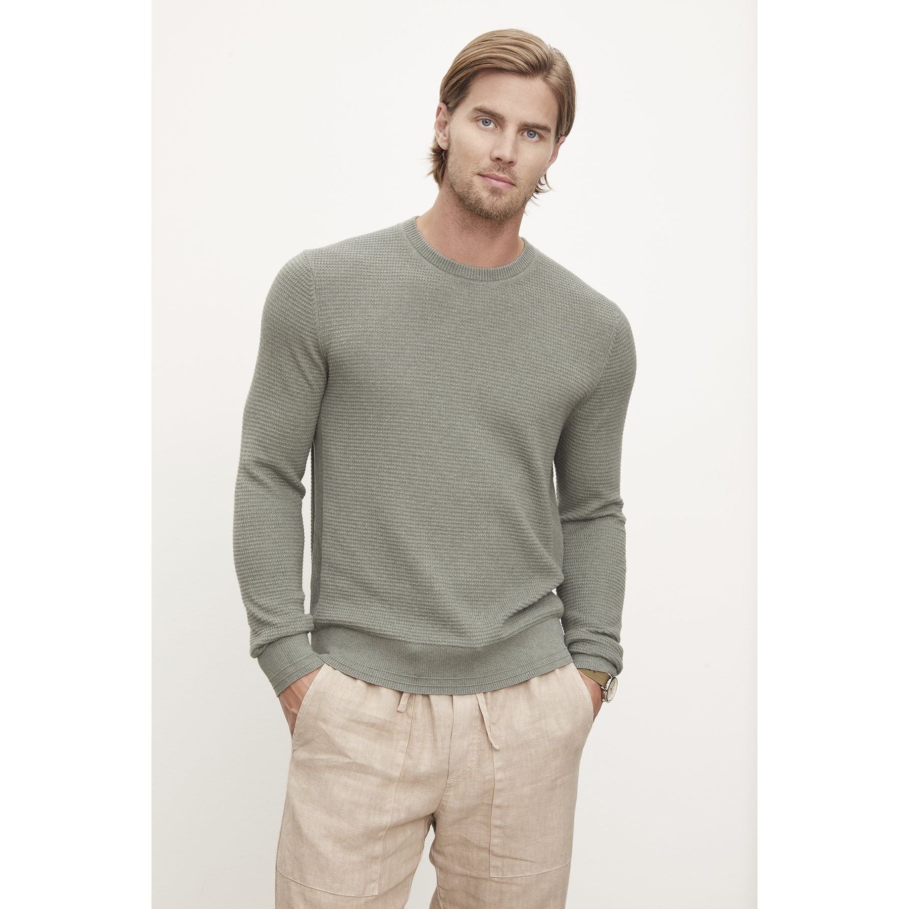 Velvetmen Ace Cotton Cashmere Long Sleeve Crew Top in Sage