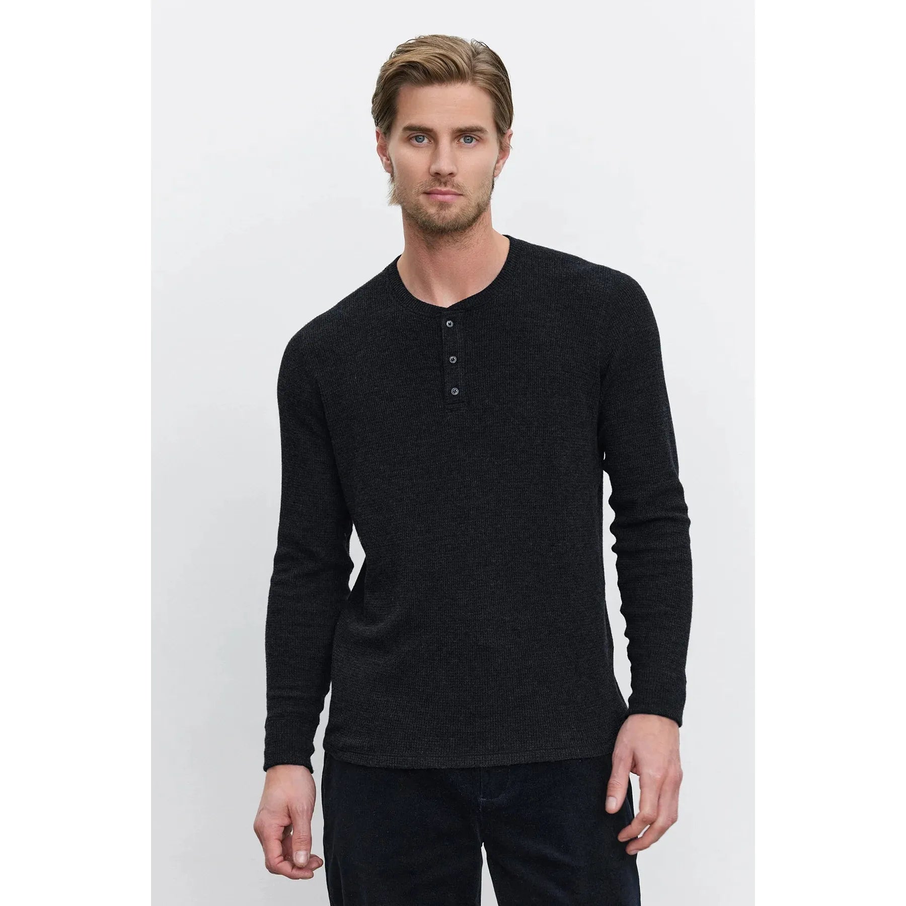 Velvetmen Ambrose Brushed Thermal Henley in Black