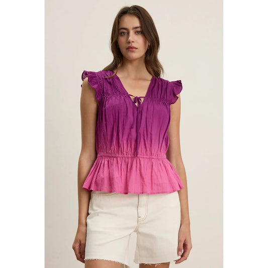 Velvet by Graham & Spencer Kaia Ombre Dip Dye Crinkle Blouse in Fuchsia