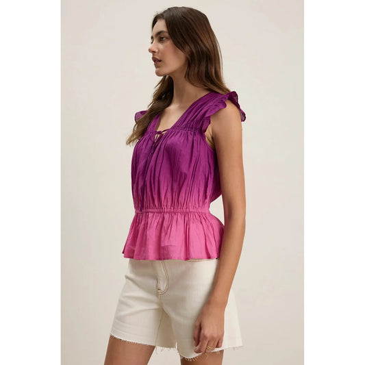 Velvet by Graham & Spencer Kaia Ombre Dip Dye Crinkle Blouse in Fuchsia