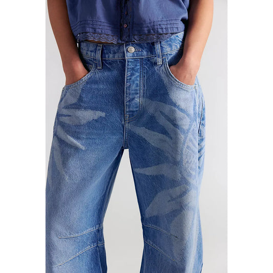 Free People Good Luck Printed Barrel Jeans in Sun Fade