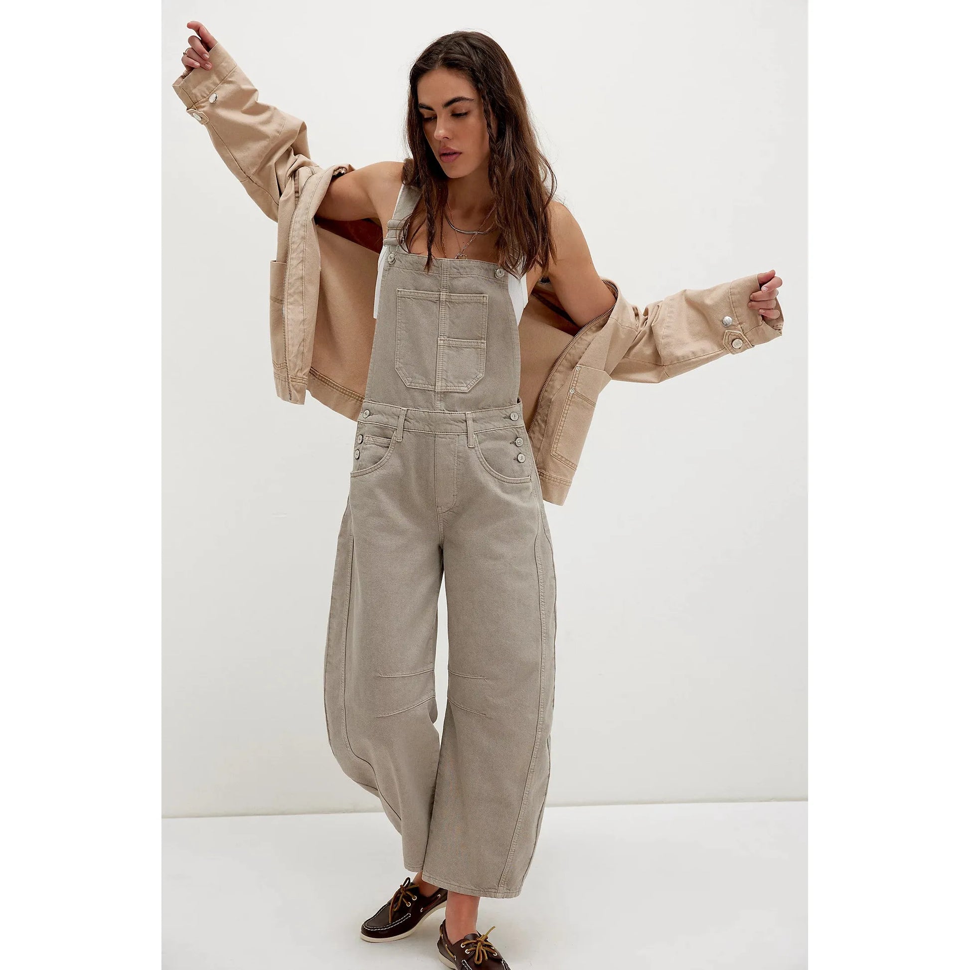 Free People Good Luck Barrel Overalls in Cobblestone