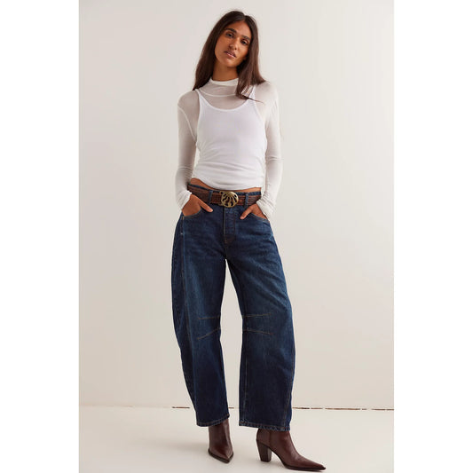 Free People Good Luck Mid Rise Barrel Jeans in Deep End