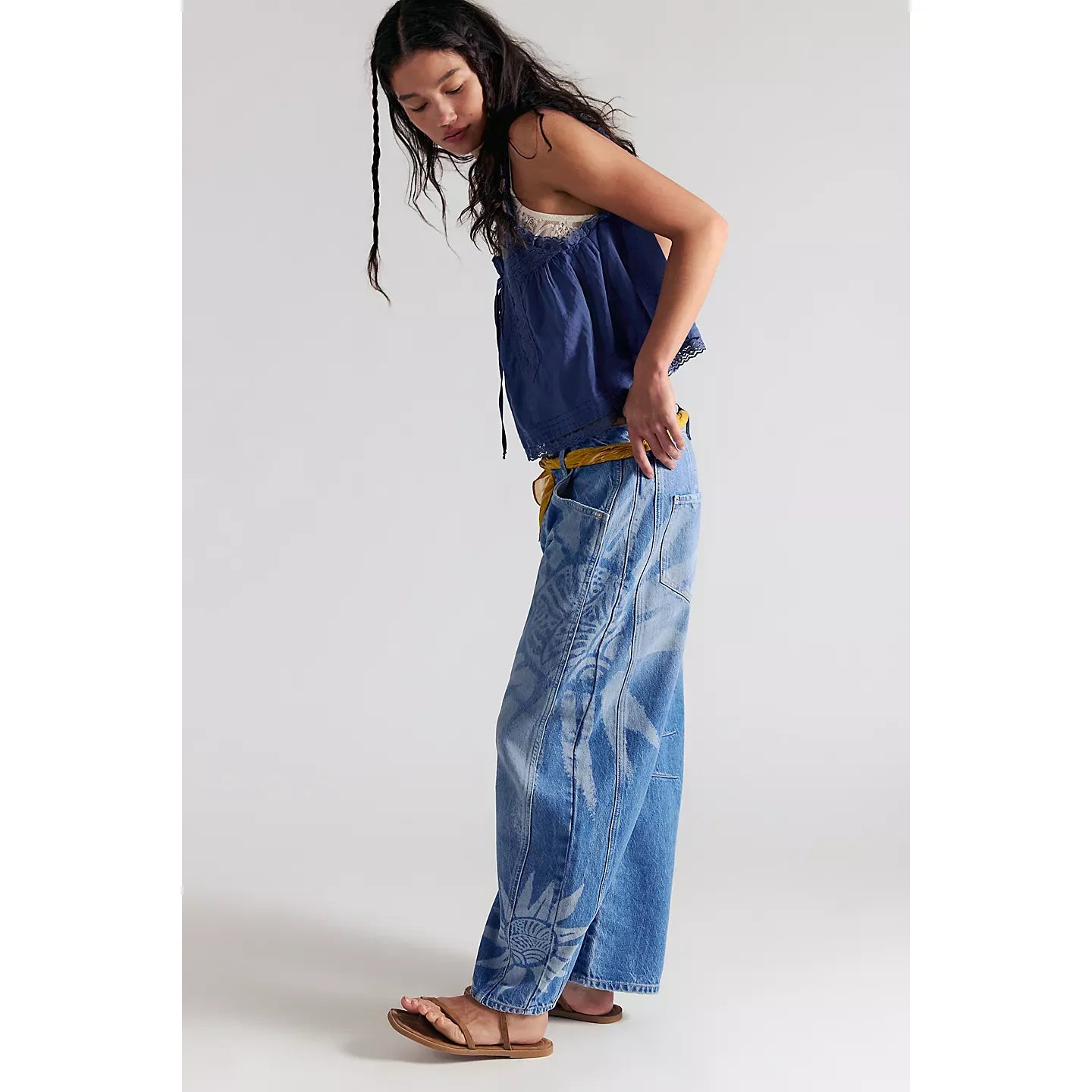 Free People Good Luck Printed Barrel Jeans in Sun Fade