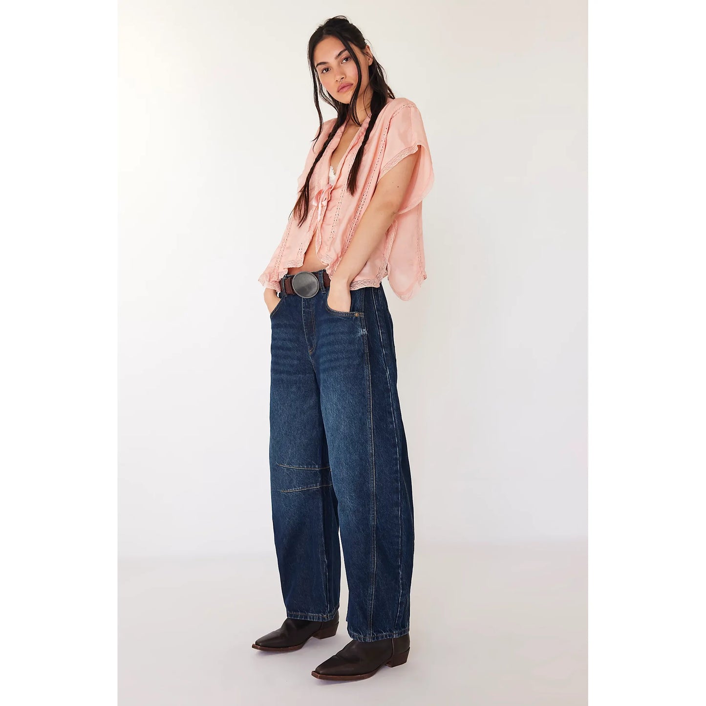 Free People Good Luck Mid Rise Barrel Jeans in Deep End