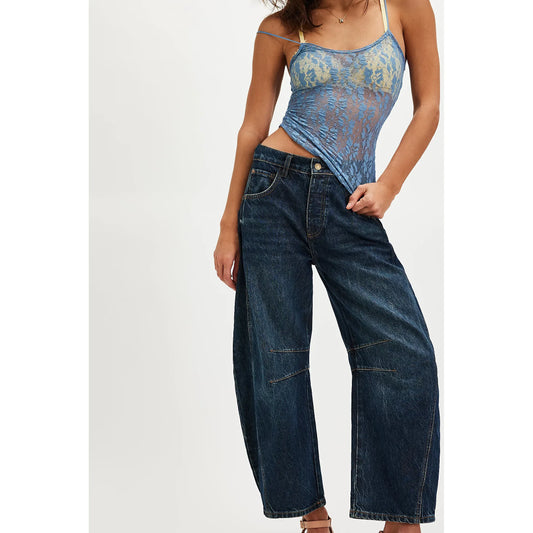 Free People Good Luck Mid Rise Barrel Jeans in Deep End