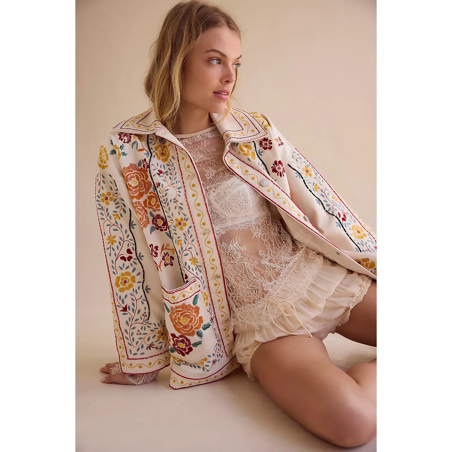 Free People We The Free Avery Embellished Jacket in Pearl Ivory
